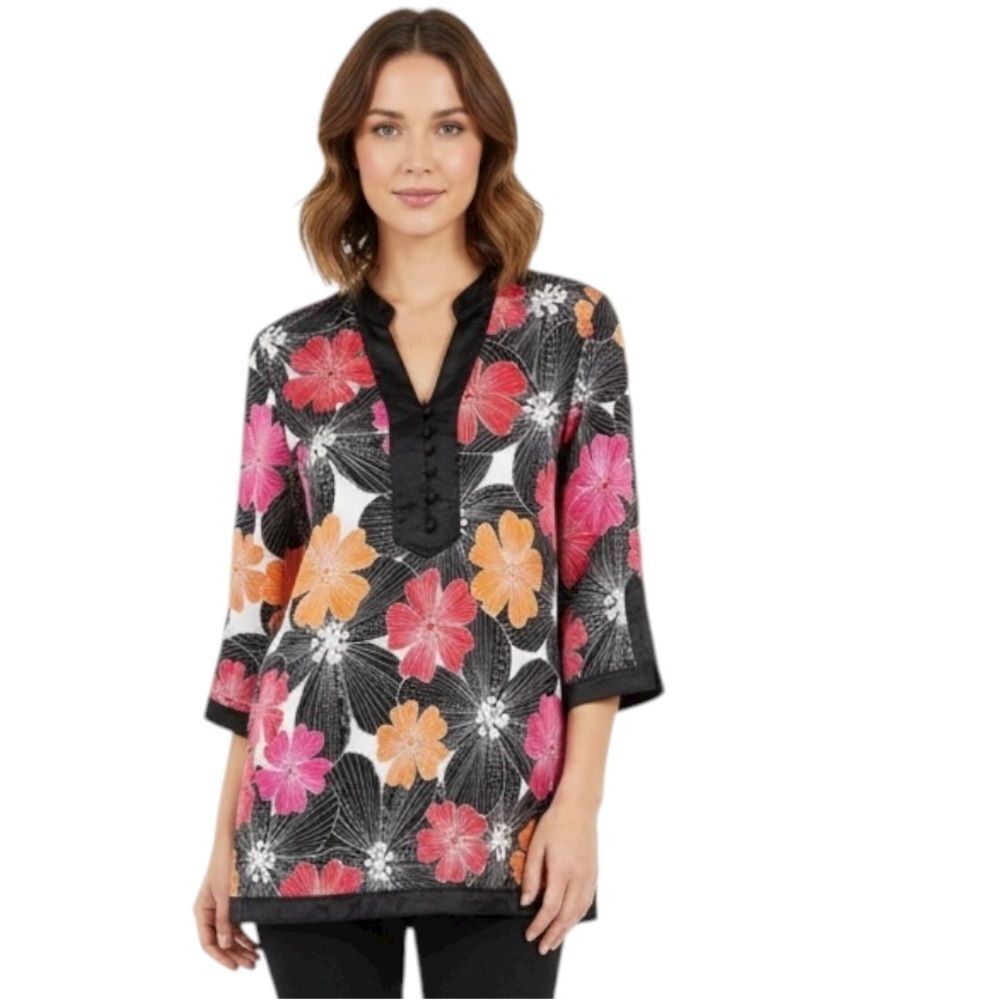 Alfani 100% Silk Pink and Orange Floral Tunic Top